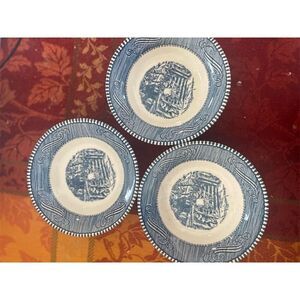 Vintage Currier & Ives Blue Dessert Bowls Set of 3 Old Farm Gate Pattern